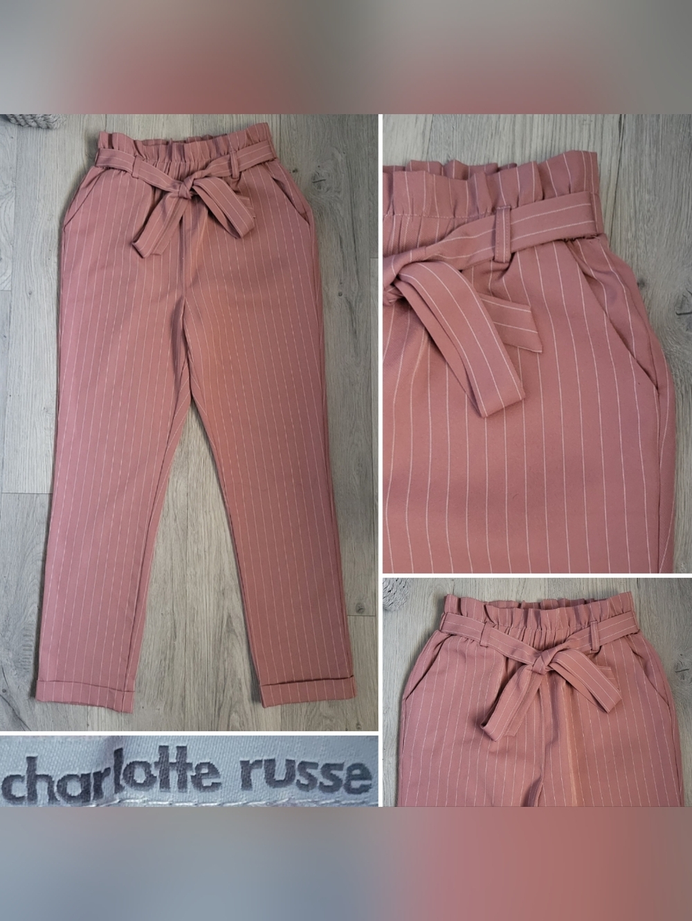 Charlotte Russe Pinstripe Paperbag High Waist Dusty Rose Mauve Belted Pant, XS